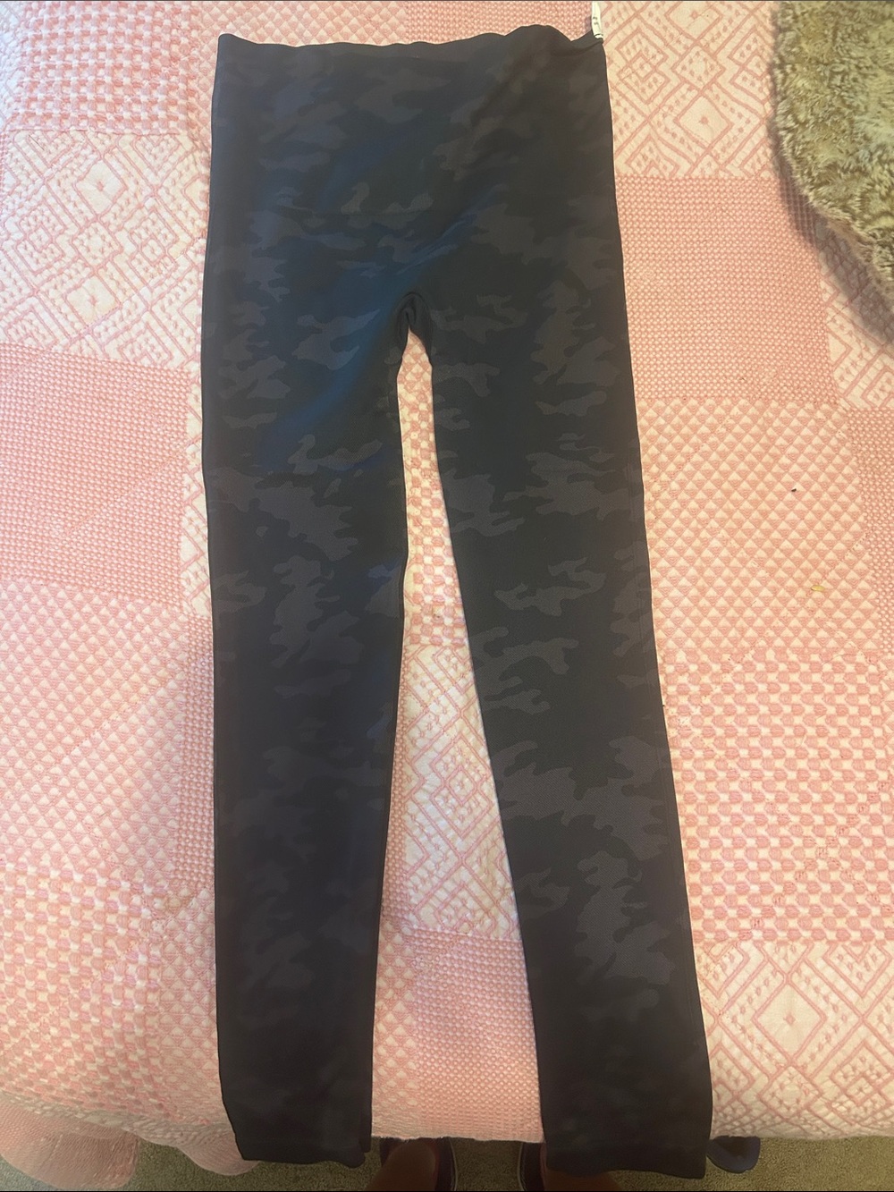 SPANX Black Camo Leggings with Peach-Textured Waistband